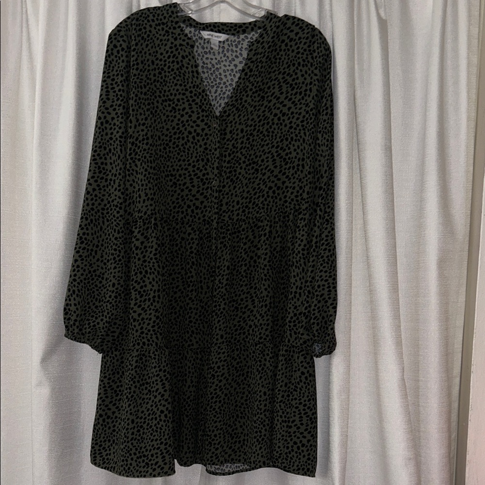 Nine West Dark Green and Black Long Sleeve Button Down Leopard Print Dress